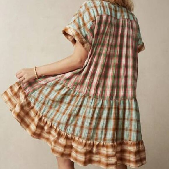 Boho Bohemian Oversized Gingham Plaid Colorblock Ruffle Hem Mini Dress - Picture 7 of 9